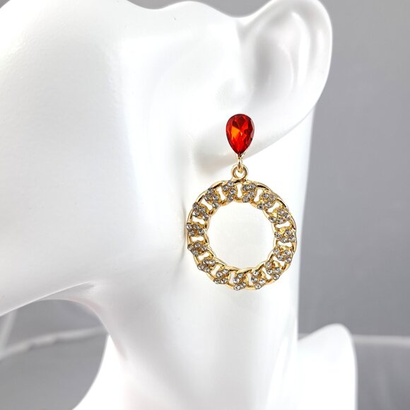 Clear-Stone Accented Gold Chain & Ruby Gemstone Earrings - Picture 3 of 4